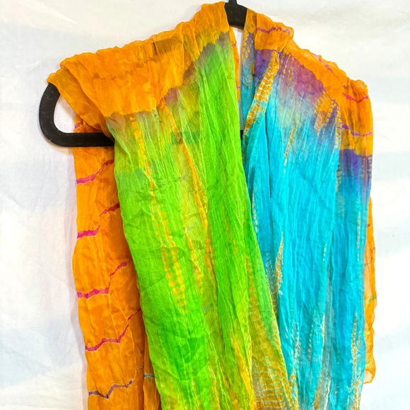 Indian 100% Silk Scarf Sari - Tie-Dye Boho Neon Rainbow Headwrap Headband - Picture 6 of 12